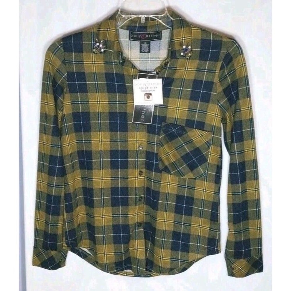 Women’s Plaid Button Up Top XS Jeweled Collar NWT Stretch Lightweight Layering